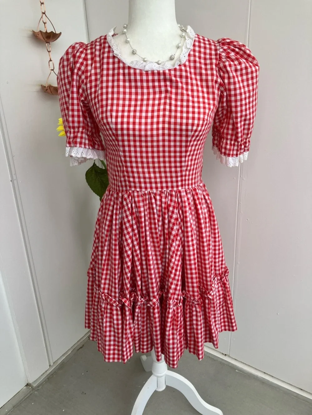 Vintage 60s Red & White Puff Sleeve Circle Skirt Gingham Square Dance Dress - Picture 2 of 10